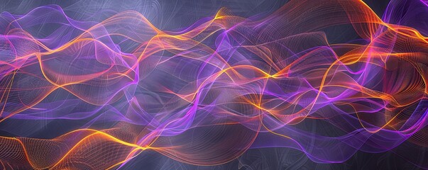 A panoramic arrangement of interconnected electric violet and bright orange plexus lines sweeping...