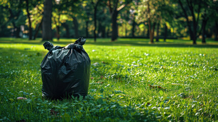A dark waste sack rests on the vibrant green lawn, a stark reminder of the impact of littering on our environment and the importance of proper waste disposal to maintain the cleanliness.
