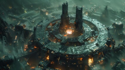 city circular structure still frame titan ruins set bank vault mechanical features evil villains lair matte