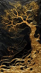 closeup tree gold leaves splashes lightning behind flowing hair liquid interface deep black roots silhouette story opalescence tint flow