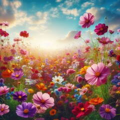 Obraz premium vibrant and colorful field of wildflowers under a clear sky with a variety of flowers in sharp detail against a dreamy backdrop