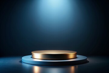 gold podium with blue background and spotlight