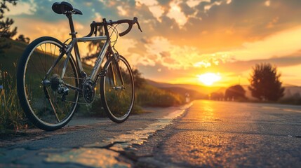 Fototapeta premium Road bike parking on beautiful yellow sunset road,