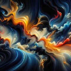 vibrant and dynamic abstract artwork with flowing liquids or gases, dominated by dark blue and black hues, streaks of bright orange, yellow, and red intertwining, lighter blue traces, smooth glossy te