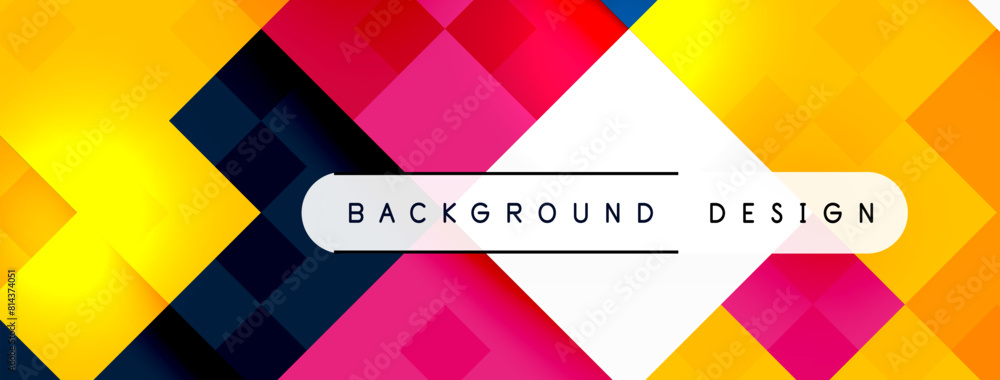 Poster a vibrant background featuring triangles, rectangles, and lines in shades of red, violet, and magent