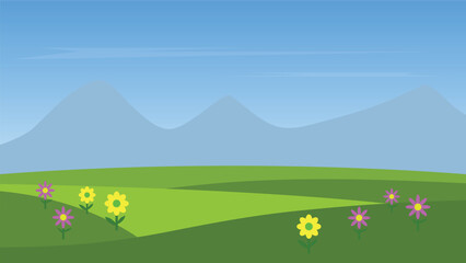 Fototapeta premium landscape cartoon scene with colorful flower on green hill and mountain with blue sky background
