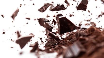 Fototapeta premium Broken chocolate pieces falling on white background.