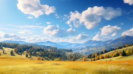 A picturesque countryside scene with rolling hills blanketed in colorful autumn foliage, under a clear blue sky with fluffy white clouds.