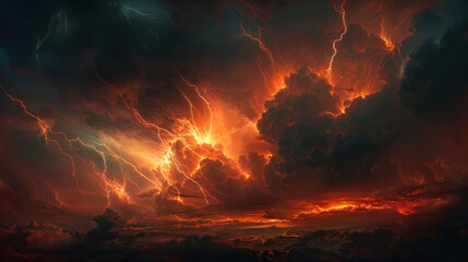 Naklejka premium Stormy sky crackles with multiple cloud-to-ground lightning strikes, illuminating the darkness with fiery bursts of electric energy.