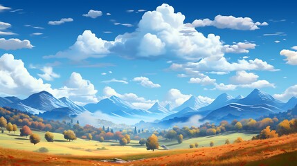 A picturesque countryside scene with rolling hills blanketed in colorful autumn foliage, under a...