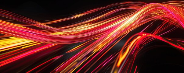 A panoramic view of bright red and yellow plexus lines weaving through a black background