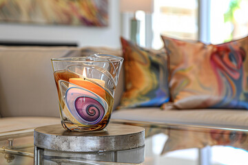 A hand-blown glass candle holder with swirling colors, sitting on an artistically sculpted metal...