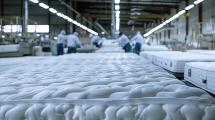 Fototapeta premium industrial setting, white mattresses are neatly lined up, a testament to the efficiency of production processes, while workers diligently attend to their tasks in the background.
