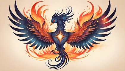Illustrate a tattoo design of a celestial phoenix