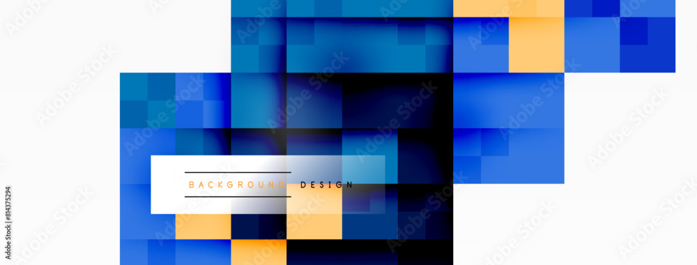 Poster an electric blue and yellow abstract pattern of rectangles on a white background, showcasing symmetr