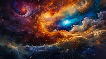 Obraz premium closeup galaxy bright star view sky swirls fire orange surreal scattered clouds ceiling panels twin souls swirling
