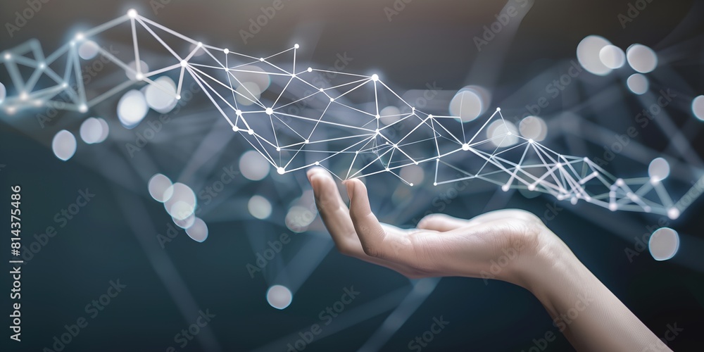 Poster a hand holding a network with dots and lines on it, with a dark background