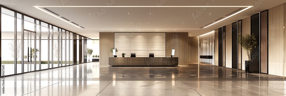 Poster a large lobby with a large desk and a lot of windows
