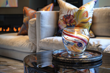 A hand-blown glass candle holder with swirling colors, sitting on an artistically sculpted metal...
