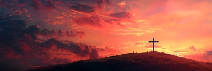 a cross on a hill with a sunset in the background and clouds in the sky above it