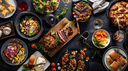 Dinner table is laden with an array of dishes, From appetizing starters to mouthwatering mains and delectable desserts, the feast of food and snacks promises a truly satisfying meal.