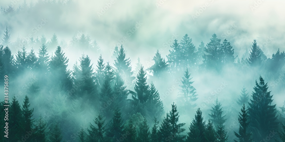 Poster a forest filled with lots of trees covered in fog and mist