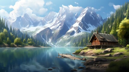 A picturesque mountain lake nestled among towering peaks, with a wooden cabin perched on its shores and reflections of the surrounding landscape mirrored in its crystal-clear waters.