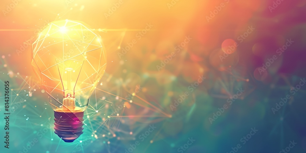 Poster a light bulb with a geometric pattern on it's side and a bright light shining on the top