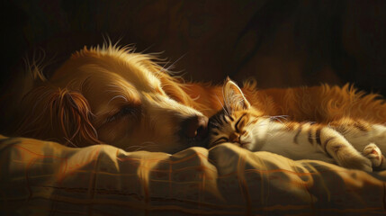 Obraz premium Dog and cat find comfort in each other's presence, their bodies intertwined in a peaceful slumber, their friendship transcending species boundaries.