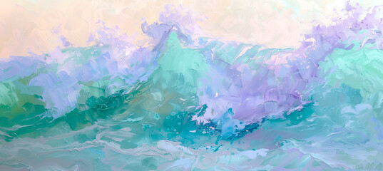 Fun barrel ocean wave in unique aquamarine and purple colors. Abstract watercolor banner background with copy space. Kids illustration for fairytale beach vacation travel 