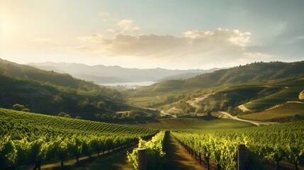 A picturesque vineyard nestled in a valley, rows of lush grapevines stretching towards the horizon...