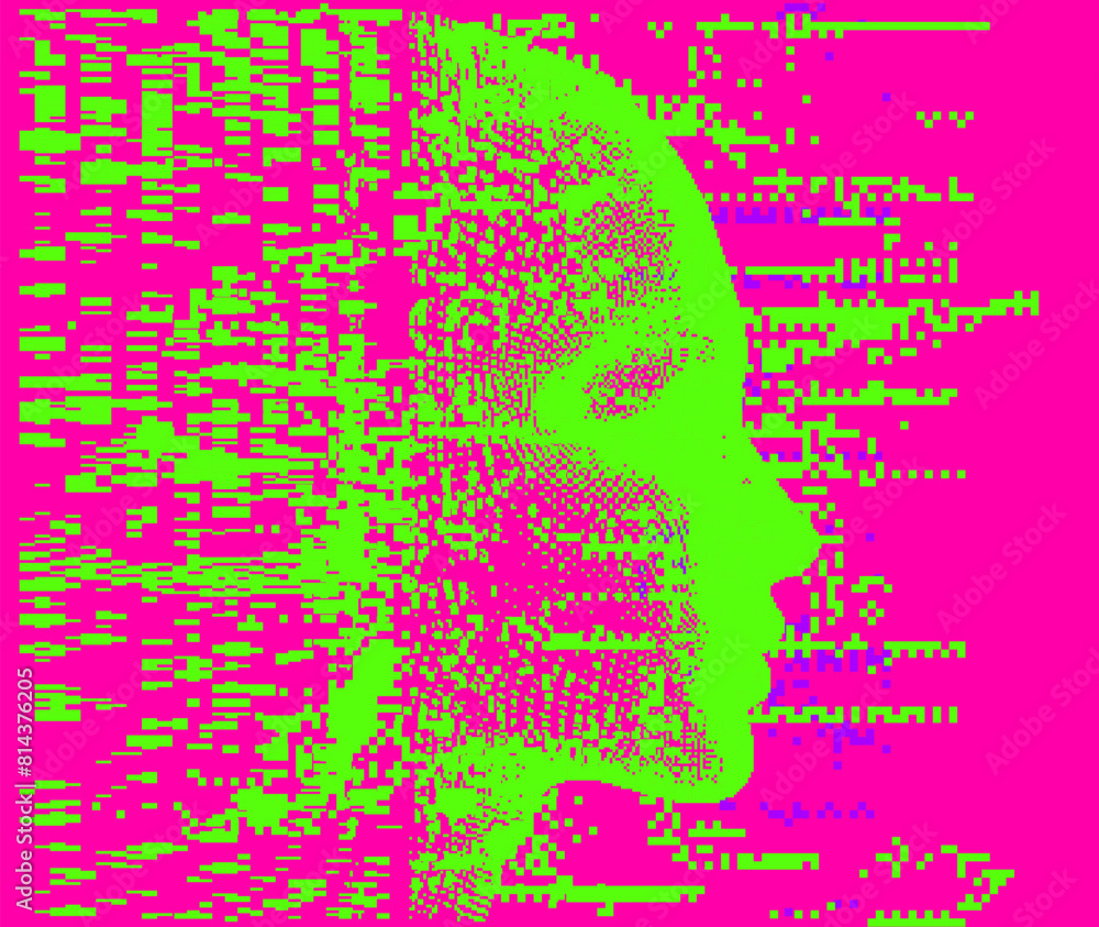 Poster green 3d human profile made of pixels and particles on pink background. conceptual vector illustrati