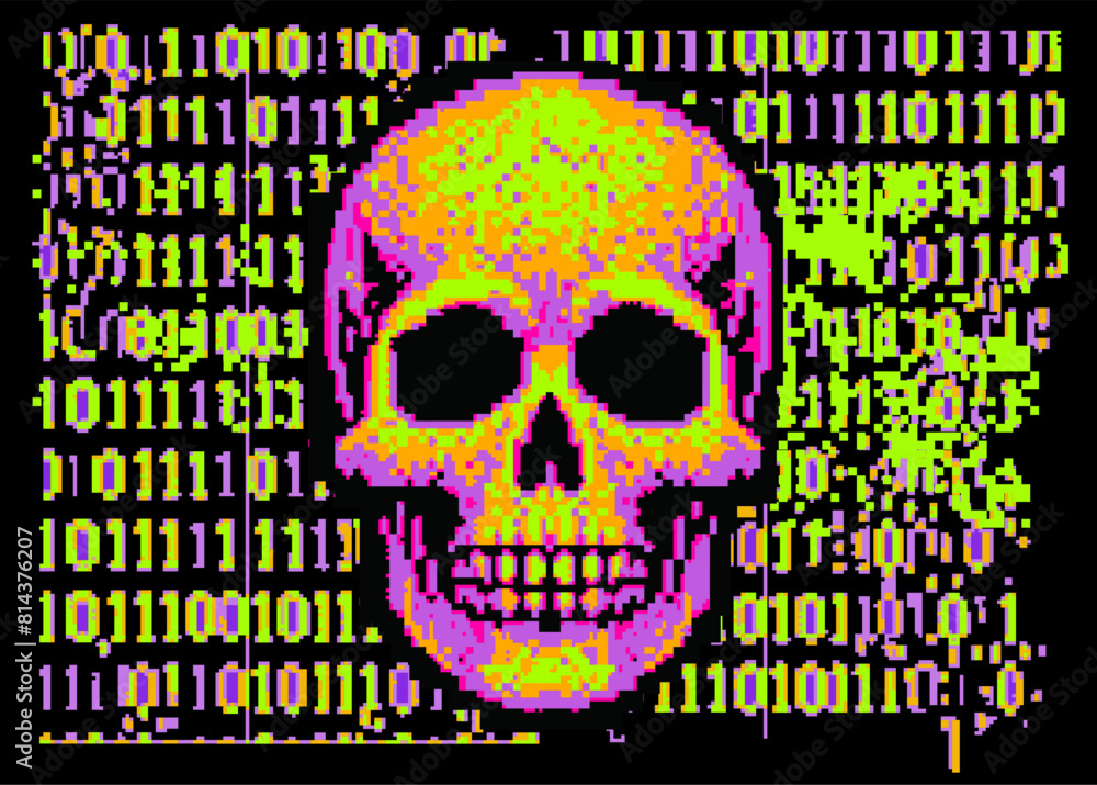Poster A collage of a skull and binary code on a glitchy pixelated neon background. The concept of cybersecurity and malware.