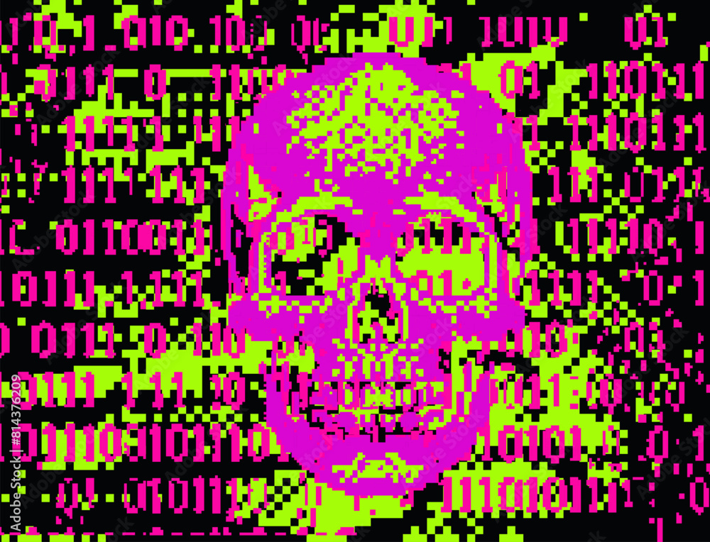 Aufkleber A collage of a skull and binary code on a glitchy pixelated neon background. The concept of cybersecurity and malware.