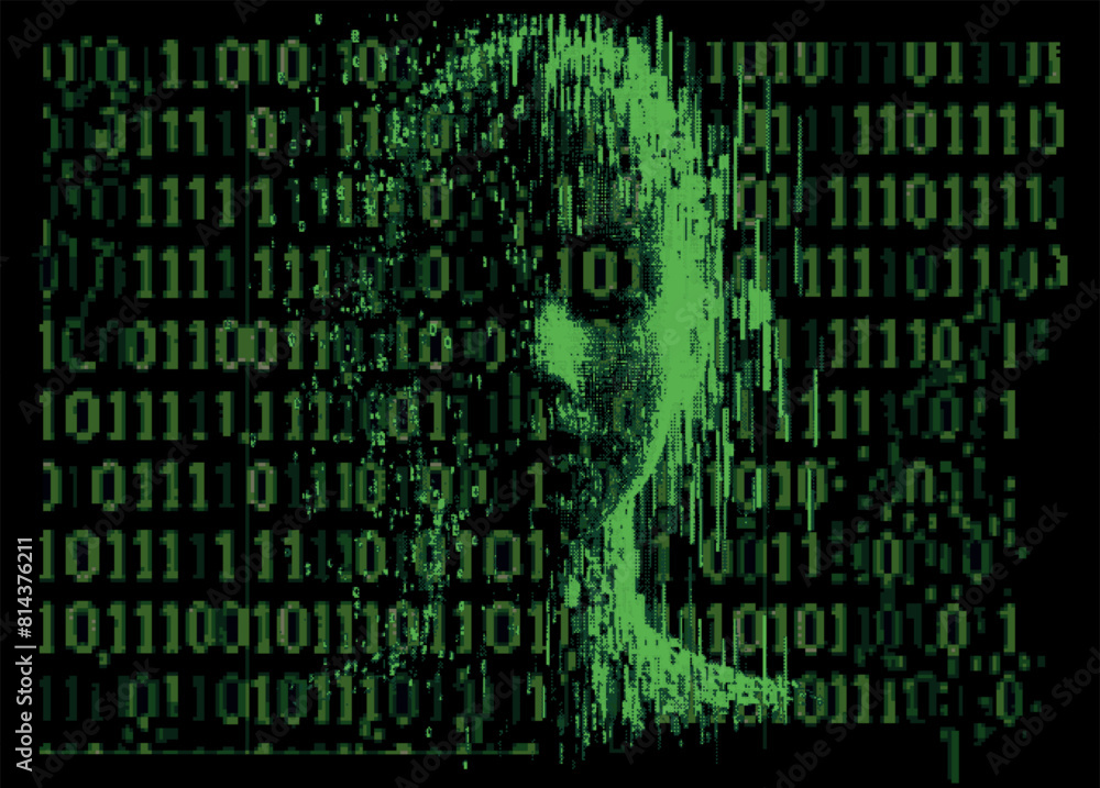 Aufkleber Collage of binary code and 3D human face in pixel art style. Conceptual vector illustration on the topic of virtual reality and technology.
