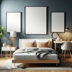 Bedroom sets have template mockup poster empty white with Bedroom interior and a desk and a picture frame image art photo photo used for printing.