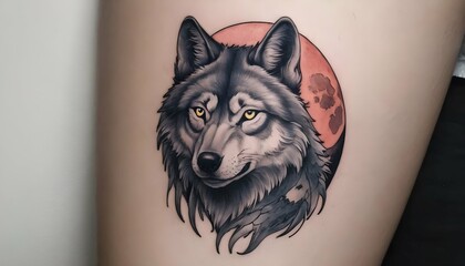 Craft a tattoo of a majestic wolf howling at the m upscaled_7