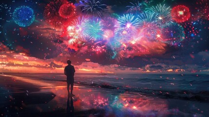 A soldiers silhouette against a backdrop of the USA flag and a vibrant fireworks display