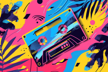 90 s party banner Retro music poster, 90s tape cassette in funky colorful design Memphis music parties, disco hits advertising, audio poster Vector illustration