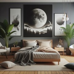 Bedroom sets have template mockup poster empty white with Bedroom interior and a picture of the moon image art photo harmony used for printing.