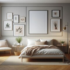 Bedroom sets have template mockup poster empty white with Bedroom interior and chairs art realistic photo photo card design.