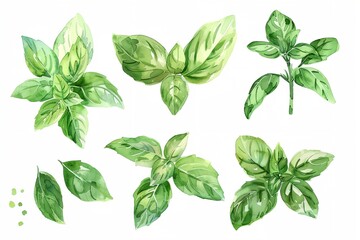 set of basil leaves watercolor isolated on white background