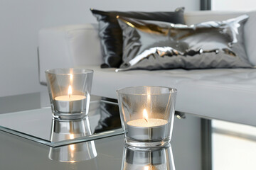 A minimalist glass candle set on a reflective mirror base, creating an illusion of infinite light,...