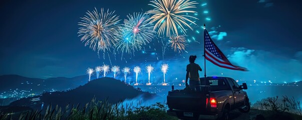 A truck parked on a hill, USA flag in the bed, with a panoramic view of fireworks lighting up the night