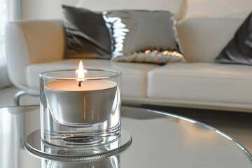 A minimalist glass candle set on a reflective mirror base, creating an illusion of infinite light,...