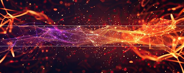 A wide canvas of vibrant orange and deep purple plexus connections spreading horizontally over a dark background