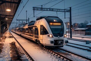 Naklejka premium train is on the tracks in the snow at night time