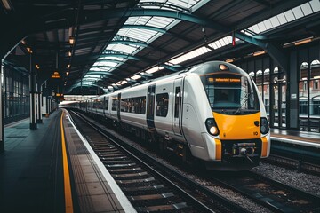 Naklejka premium train is pulling into a train station with a skylight overhead
