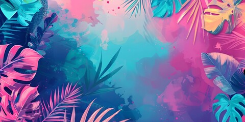colorful tropical background with palm leaves and flowers with a splash of paint