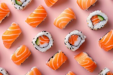 Charming and mouthwatering salmon sushi, flat design, viewed from above on a soft, gentle background, stylish and appealing